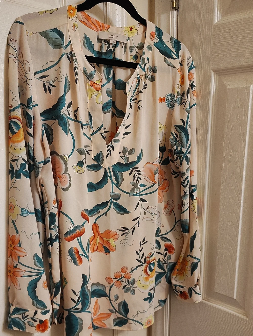 LOFT Cream Floral V-Neck Blouse with Teal and Orange Accents - Picture 1 of 7